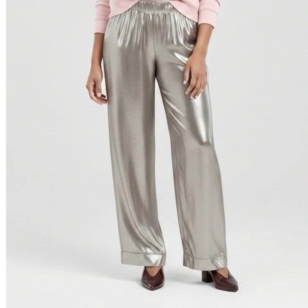 A New Day Women's Metallic Silver Wide Leg Pants Size S NWT High Rise Party